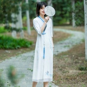 莨帛夏中国风文艺女改良古风汉服中式香道禅修茶服古琴手绘连衣裙