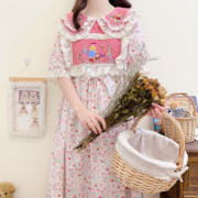 日系可爱少女粉色碎花减龄刺绣蕾丝拼接双层娃娃领短袖连衣裙夏季