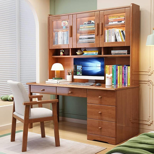 实木书桌书架一体简约家用台式办公电脑桌椅带书柜卧室学生写字桌