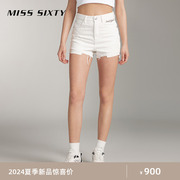 misssixty2024夏季牛仔，短裤女白色链条破烂设计高腰显瘦直筒