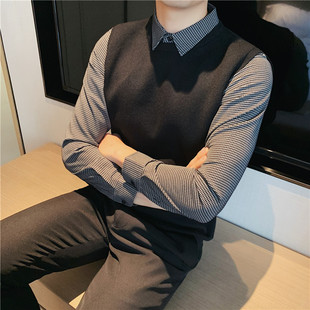 男士帅气毛衣假两件韩版秋季千鸟格子衬衫领针织衫加绒修身上衣潮