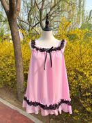 夏季法式冰丝宫廷公主蕾丝褶皱，双层荷叶边蝴蝶结，小飞袖粉色雪纺裙