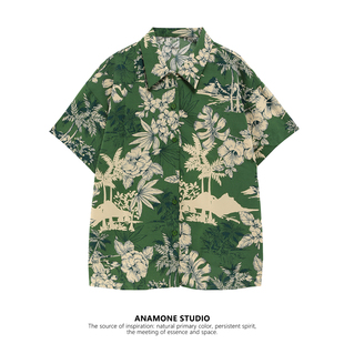 ANAMONE 夏威夷印花衬衫女夏薄款宽松复古港风设计感短袖雪纺衬衣