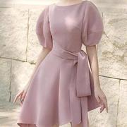 越南小众粉紫色连衣裙名媛减龄法式复古收腰泡泡袖甜美1289
