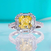 pt950铂金进口莫桑石方糖(石方糖)黄钻戒指，简约1.8克拉可过笔结求婚钻戒女