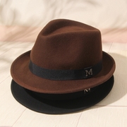 复古棕色绅士帽爵士帽韩版潮男女，英伦卷边毛呢小礼帽舞台牛仔帽子