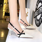 韩版时尚甜美夏季女鞋修脚细跟高跟浅口尖头，拼色蝴蝶结镂空凉鞋