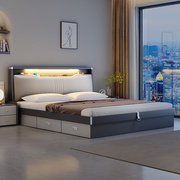 床现代简约2米主卧双人床，带夜光灯高箱储物床1.8米抽屉收纳床婚床