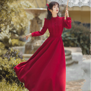 苏浅慕颜春秋复古蕾丝立领，红色连衣裙文艺修身显瘦气质打底中长裙