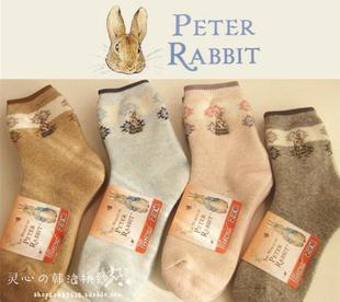 日单冬季彼得兔加厚雪花，图案刺绣兔羊毛圈袜子保暖女袜