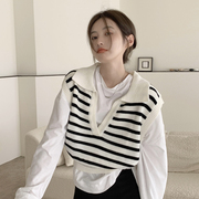 单件套装春秋韩版学生条纹，短款针织毛衣，马甲+宽松卫衣时尚两件套