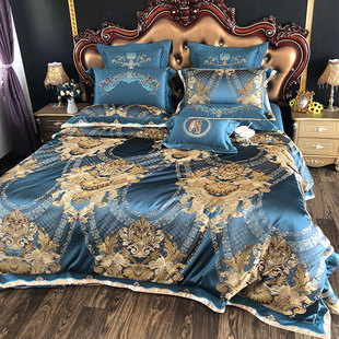 欧式奢华贡缎提花床上用品，四件套高档蓝色别墅，六八十多件套