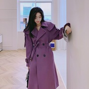 高级感风衣气质春秋韩版简约休闲英伦长款复古双排扣小众紫色外套