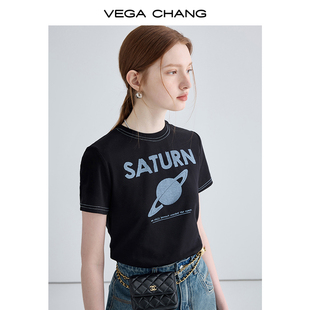 vegachang短袖t恤女2024夏设计(夏设计)感小众黑色简约印花圆领上衣