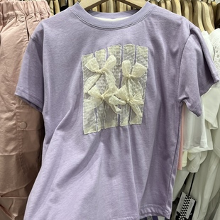夏款童装女童浅紫色蕾丝蝴蝶结甜美短袖T恤薄款木童巷短袖T恤