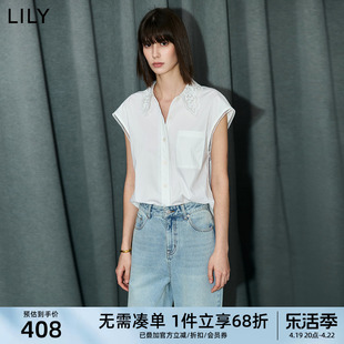 LILY2024夏女装浪漫蕾丝领不对称口袋宽松垂坠感无袖白衬衫女