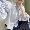 韩国chic秋季小众设计感圆领，小排扣系带宽松百搭灯笼袖衬衫上衣女