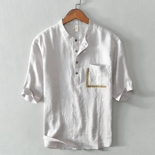 夏季男士亚麻短袖衬衫，日系青年立领纽扣套头，半袖衬衣休闲工装寸衫