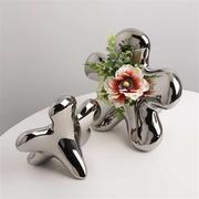 北欧创意陶瓷花朵花瓶轻奢高档家居客厅餐桌插花镀银装饰品摆件