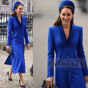 高级定制凯特王妃同款蓝色青果领西装连衣裙外套女长款修身英伦春