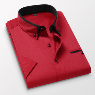酒红色衬衫男短袖时尚，都市夏季薄款半袖耐脏领大码补衫衣修身衬衣