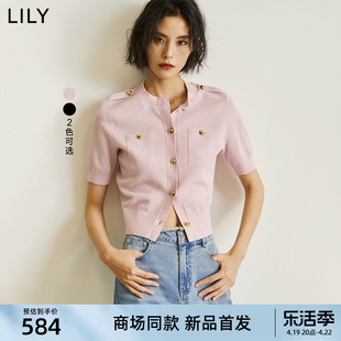 商场同款lily2024夏女装(夏女装，)复古小香风修身短款短袖针织开衫