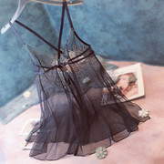 高货质感蕾丝刺绣女性感诱惑超薄网纱睡衣黑色全透明吊带前开睡裙