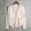 羊毛 学院风 温柔粉色镶边 镂空四条纹 经典针织开衫