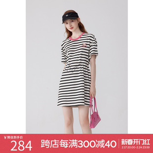 诗凡黎条纹(黎条纹)连衣裙，2023夏减龄黑白撞色显瘦t恤裙子女
