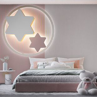 北欧儿童房粉色女孩卧室墙布卡通，星星条纹公主房床头沙发壁纸壁画
