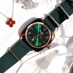 士手表帆布表带日历英伦表蒂米妮同款潮流个性绿色女