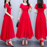 红色雪纺连衣裙女夏长款圆领2024大码女装遮肚腰带大摆长裙子