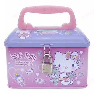 香港正版sanrio卡通儿童存钱箱kitty 带锁创意网红铁盒桌面收纳盒