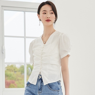 韩系早春穿搭gcrues短袖衬衫女士v领2024年夏气质短款白色上衣女