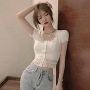韩版短袖Td恤女装2021夏季c蕾丝花边U领上衣气质修身短款开衫