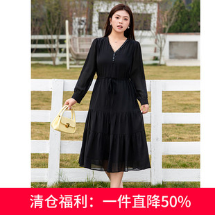 2024秋装新款大码女装V领显瘦胖MM连衣裙长袖法式气质雪纺小黑裙