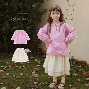 女童小众显白气质格子娃娃，衫白色半裙套装，宝宝春季洋气衬衫半身裙