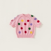 女童毛衣粉色针织短袖春秋，童装儿童彩色波点上衣