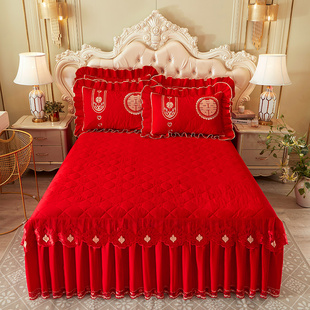 婚庆款全棉夹棉加厚床裙大红色，床罩单件喜庆1.8m2米结婚大床床盖