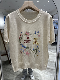 欧洲站24春高品质彩色刺绣，花朵小熊短袖，针织衫t恤宽松潮流女