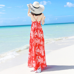露背沙滩裙海边度假仙女雪纺，高腰吊带连衣裙夏季泰国波西米亚长裙
