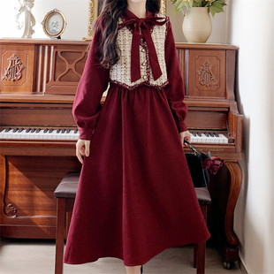 小香风马甲红色连衣裙，两件套女秋冬大码法式复古灯芯绒打底长裙子