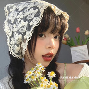 法式白色蕾丝花朵头巾，女田园风海边度假包头三角形头巾发箍头饰