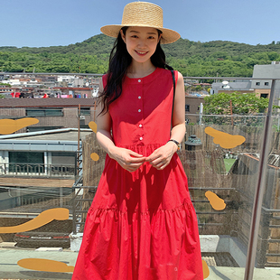 韩国chic夏季法式简约圆领单排扣宽松层次感无袖，背心连衣裙长裙女
