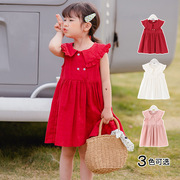 小公主夏季女童双排扣小娃娃翻领女宝宝裙子学院风红色连衣裙
