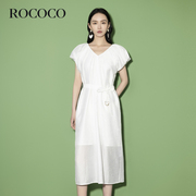 rococo2024夏白色(夏白色)休闲度假仙女裙，v领系带收腰显瘦短袖连衣裙