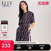 elleactive2024夏季运动连衣裙，女高级感印花连帽短袖a字裙子