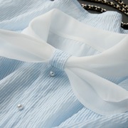 蓝白条纹短袖蝴蝶结雪纺衬衫，女2023减龄漂亮洋气t恤上衣小衫