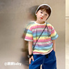 23夏季日系潮男女儿中童装彩虹条纹弹力棉休闲宽松短袖T恤