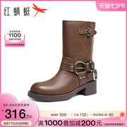 红蜻蜓棕色骑士靴2023秋夏季女鞋朋克长筒靴机能，风复古靴子潮